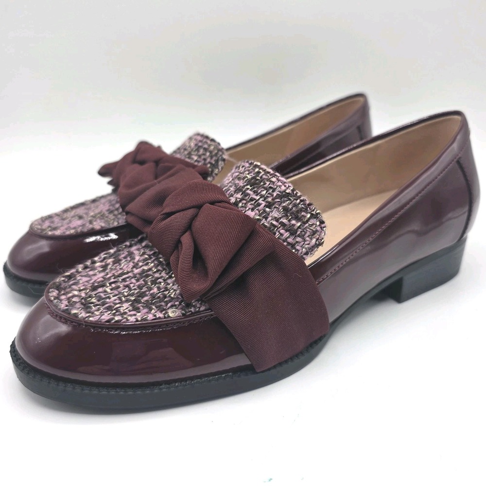 Bandolino Lindio Bow Tweed Patent Loafers Women's 6.5 Burgundy Preppy Academia